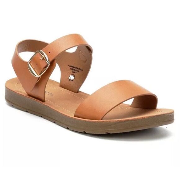 Solanz PLENTY Brown Faux Leather Open Toe Classic Strap Sandal - Picture 1 of 16
